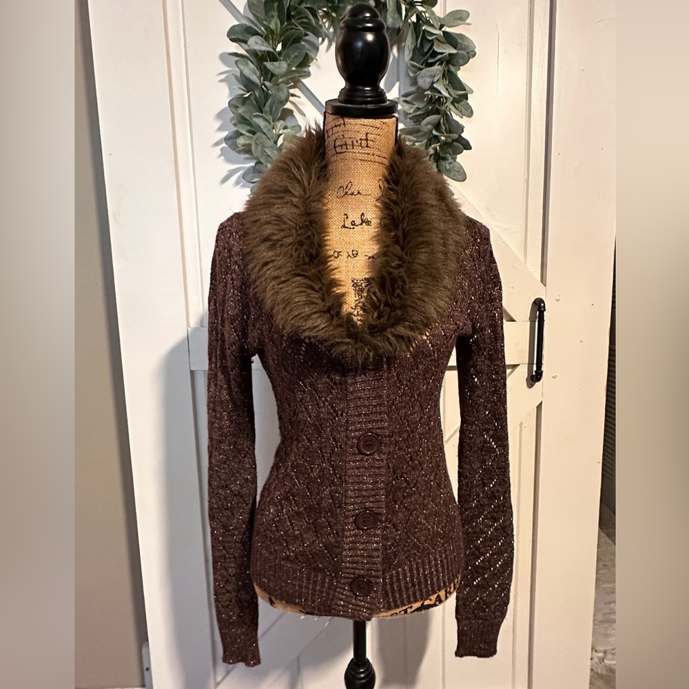 Fur trim cardigan sweater. Sz Large